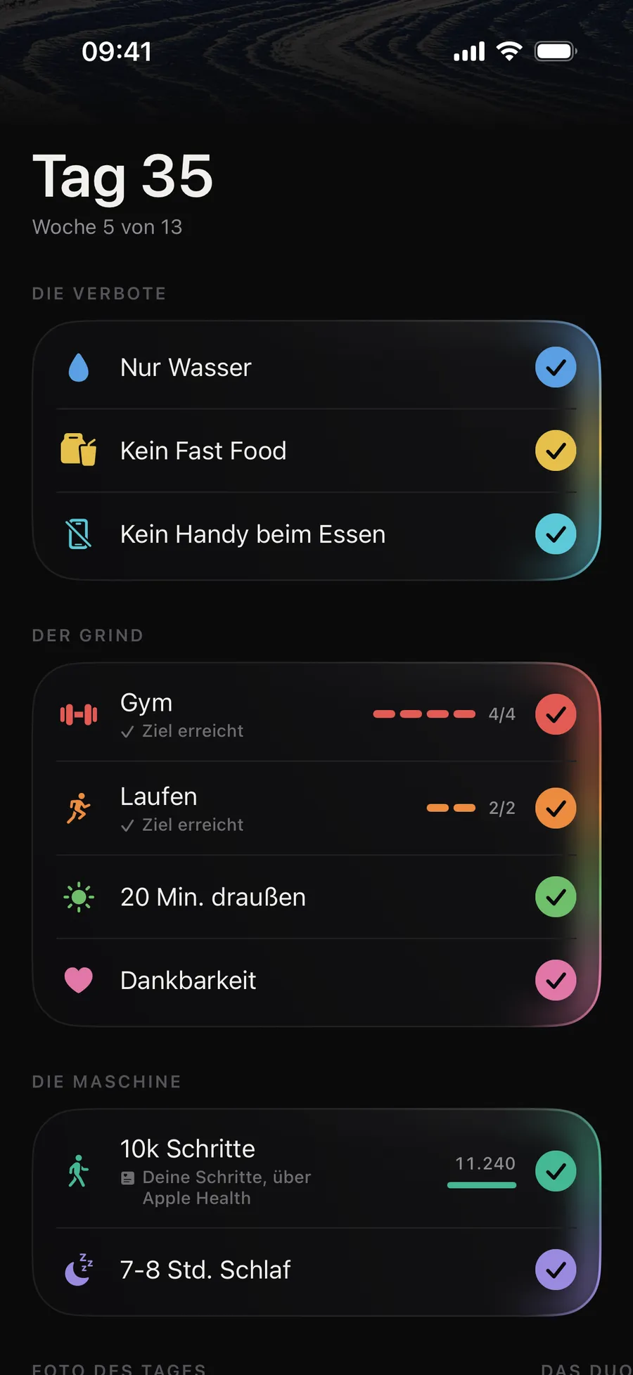 Die 9 Regeln in der App Winterarc an einem Samstag, alle abgehakt („7 von 7. Voller Tag.“): die Verbote, der Grind (Gym 4/4, Laufen 2/2) und die Maschine (11.240 Schritte, Schlaf)