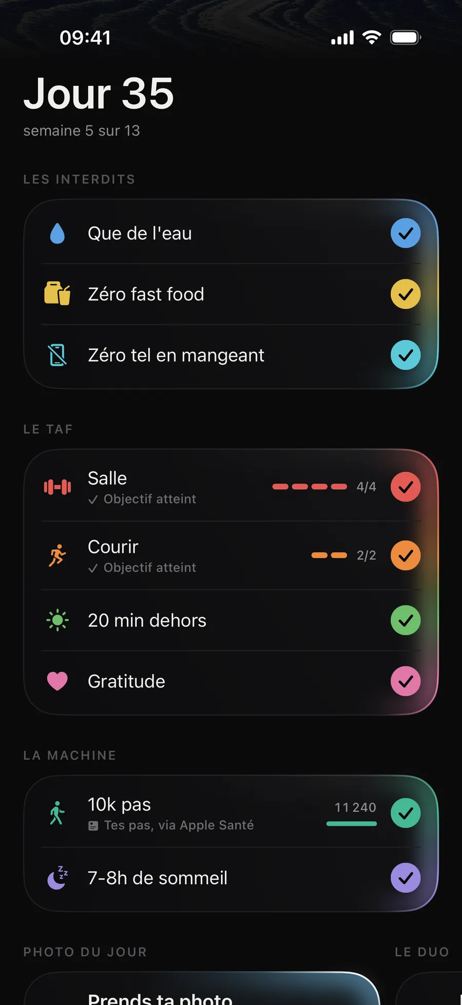 Les 9 règles dans l’app Winterarc, toutes validées : les interdits, le taf (salle 4 sur 4, course 2 sur 2) et la machine (11 240 pas, sommeil)