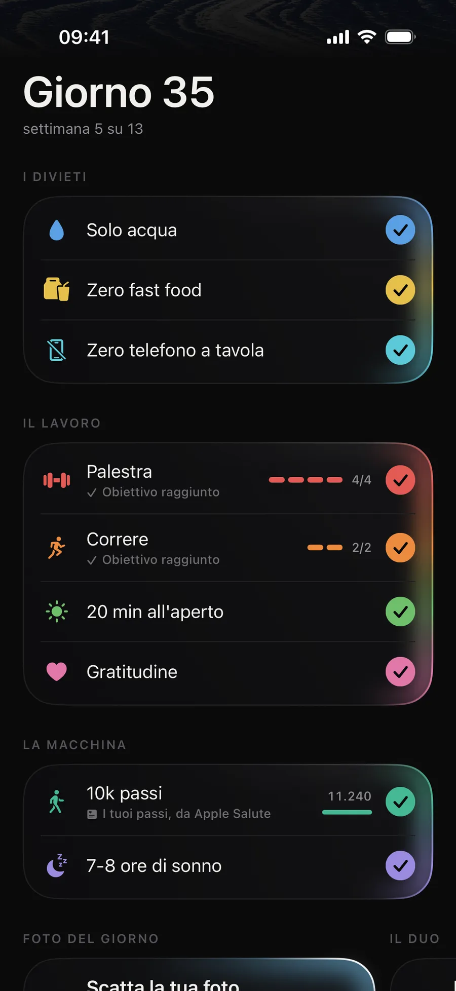 Le 9 regole nell’app Winterarc, tutte spuntate («7 su 7. Giornata piena.»): i divieti, il lavoro (Palestra 4/4, Correre 2/2) e la macchina (11.240 passi, sonno)
