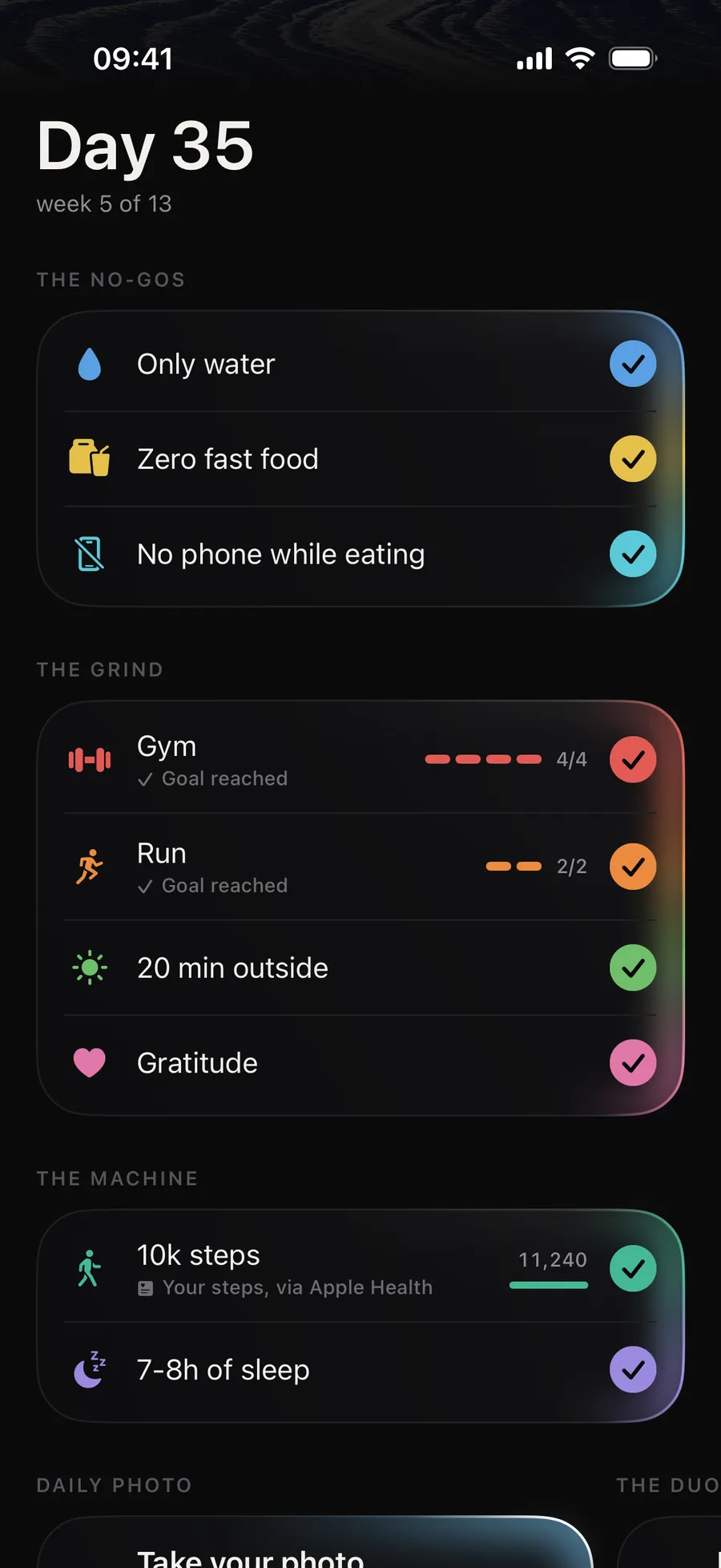 The 9 rules in the Winterarc app, all checked off for a full day: the no-gos, the grind (Gym 4/4, Run 2/2) and the machine (11,240 steps, sleep)