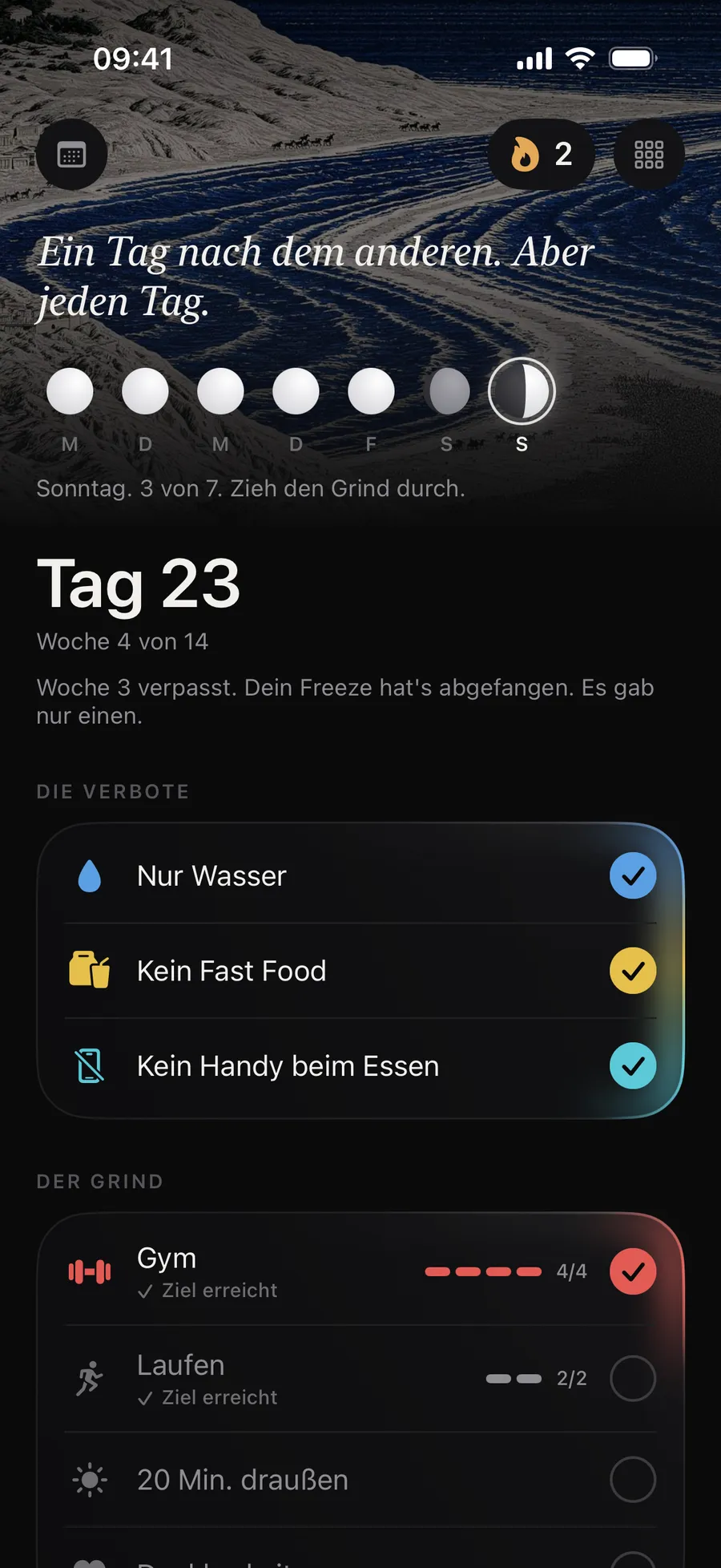 Der Startbildschirm von Winterarc an Tag 23: „Du hast 90 Tage gesagt. Beweis es.“ und die Regeln des Tages