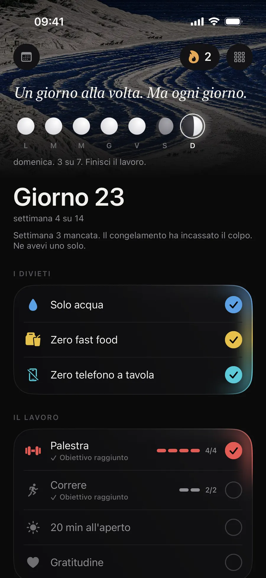 La schermata Home di Winterarc al giorno 23: «Hai detto 90 giorni. Dimostralo.» e le regole del giorno