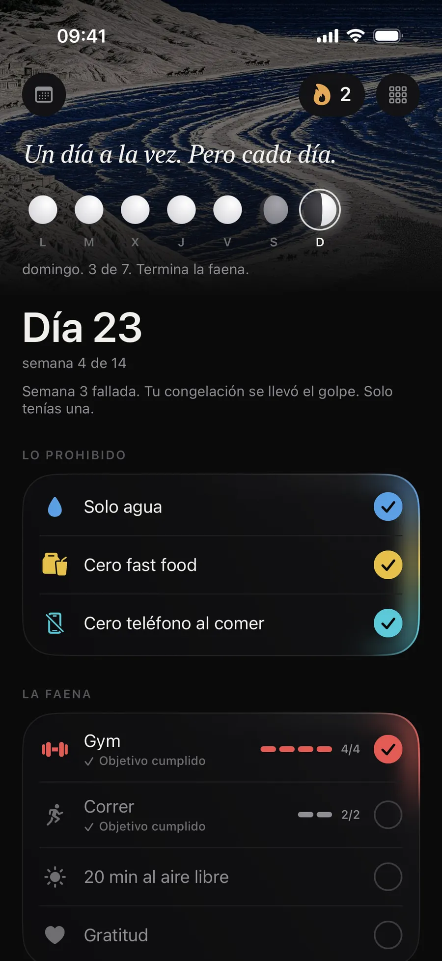 La pantalla de inicio de Winterarc el día 23: «Dijiste 90 días. Demuéstralo.» y las reglas del día