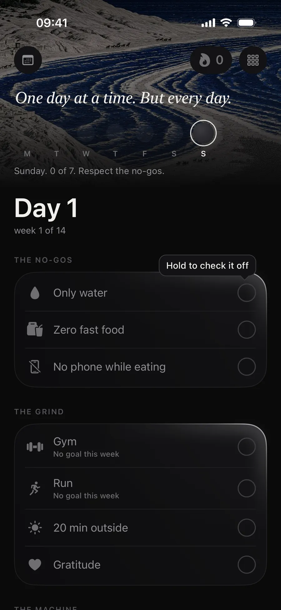 Winterarc’s home screen on day 1 with the “Hold to check it off” bubble on the first rule