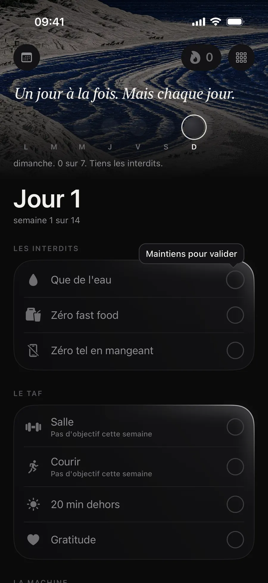 L’accueil de Winterarc au jour 1 avec la bulle « Maintiens pour valider » sur la première règle
