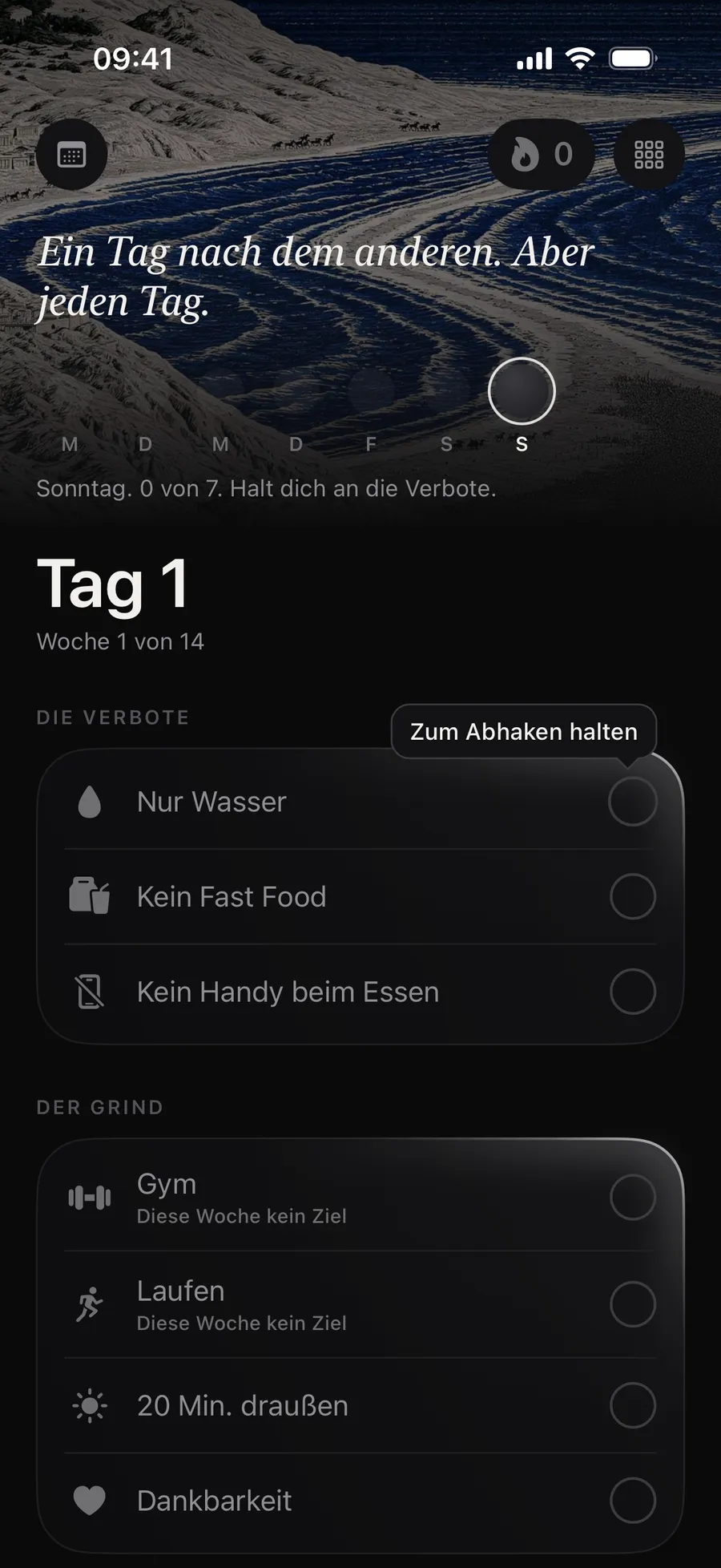 Der Startbildschirm von Winterarc an Tag 1, Woche 1 von 14, mit der Sprechblase „Zum Abhaken halten“ über der ersten Regel, „Nur Wasser“