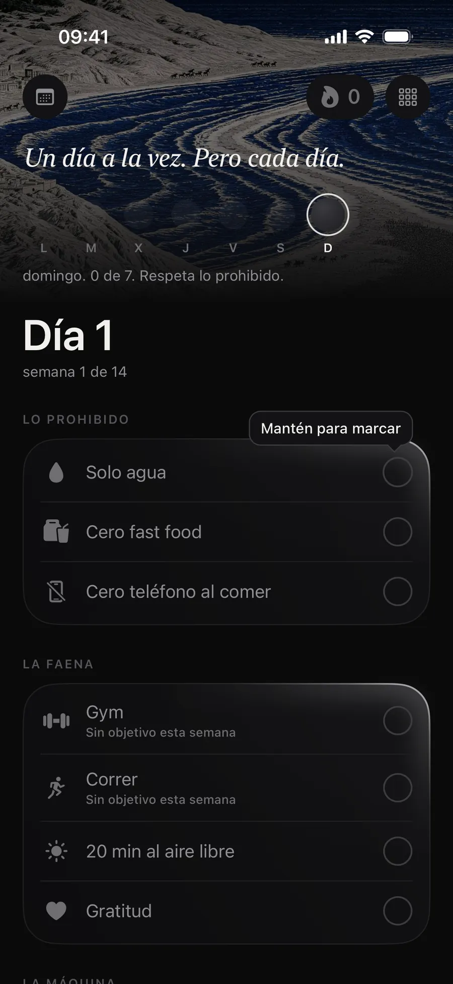 La pantalla principal de Winterarc el día 1, con el globo «Mantén para marcar» sobre la primera regla