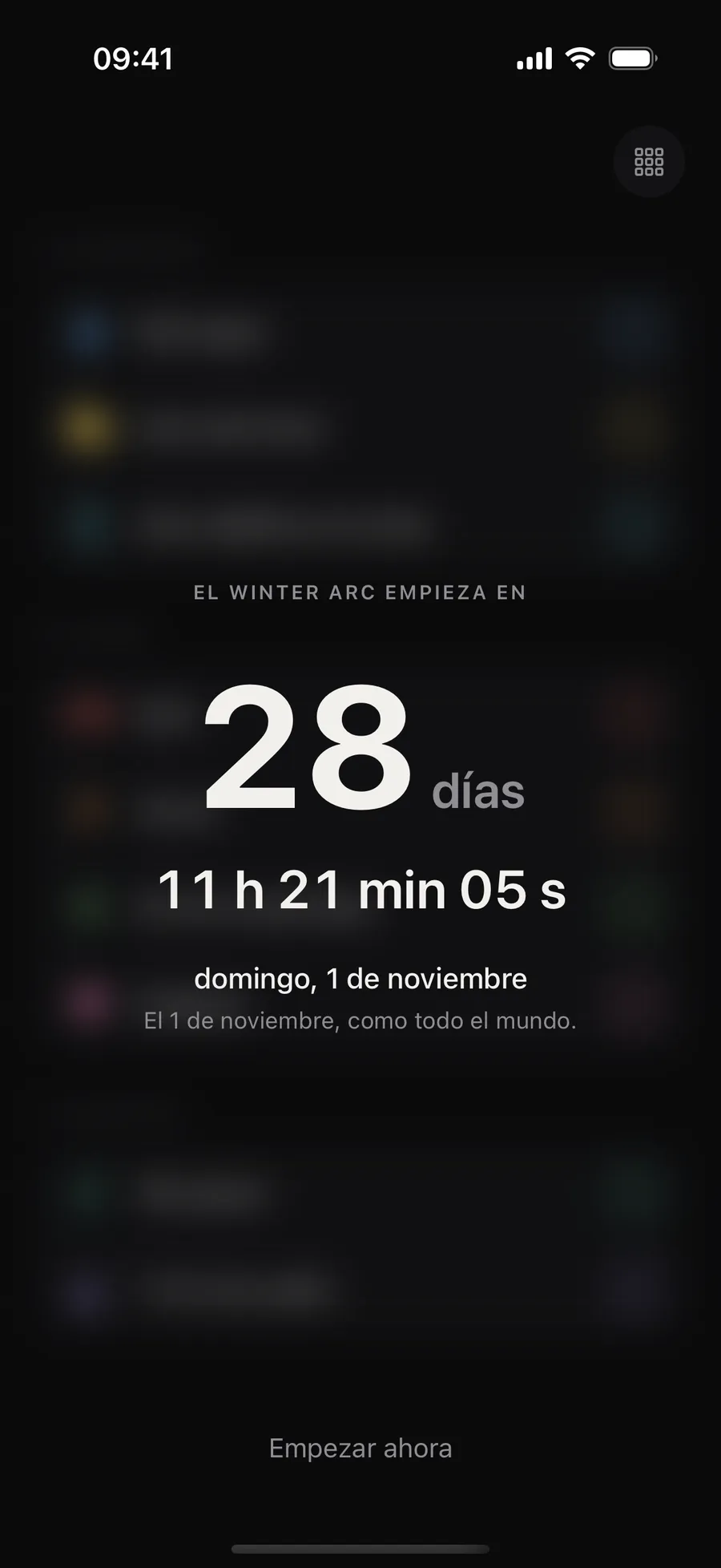 Pantalla de Winterarc antes del inicio: la cuenta atrás hasta el domingo 1 de noviembre, la próxima salida colectiva