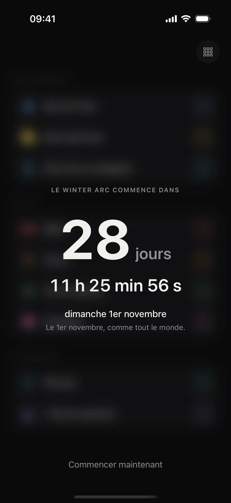 Écran de Winterarc avant le départ : le compte à rebours jusqu’au dimanche 1er novembre, le prochain départ collectif