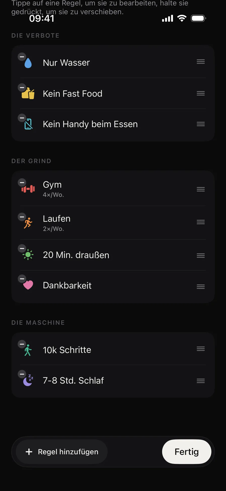 Der Regel-Editor von Winterarc, „Meine Regeln“: „Änderungen gelten ab heute, nie rückwirkend. Mindestens 3, maximal 12.“, darunter die fertigen Programme Hard Mode und Monk Mode und die Regeln nach Gruppen sortiert