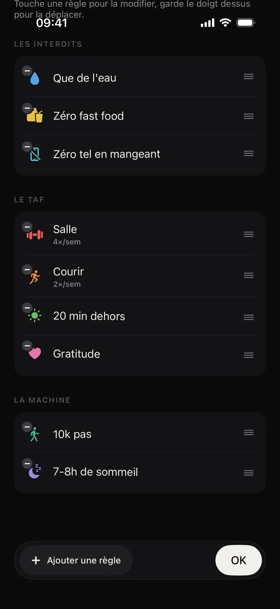 L’éditeur de règles de Winterarc : « Modifiées aujourd’hui, jamais rétroactives. Minimum 3, maximum 12. », avec les programmes prêts et les règles classées par famille