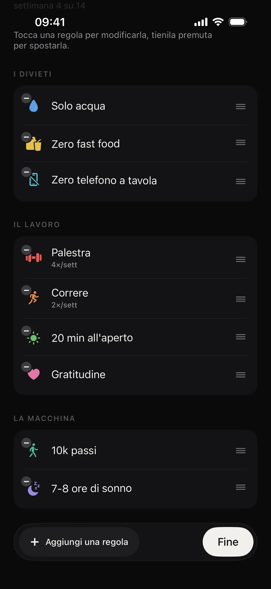 L’editor delle regole di Winterarc, «Le mie regole»: «Valgono da oggi, mai retroattive. Minimo 3, massimo 12.», con i programmi pronti (Modalità hard, Monk mode) e le regole divise per famiglia