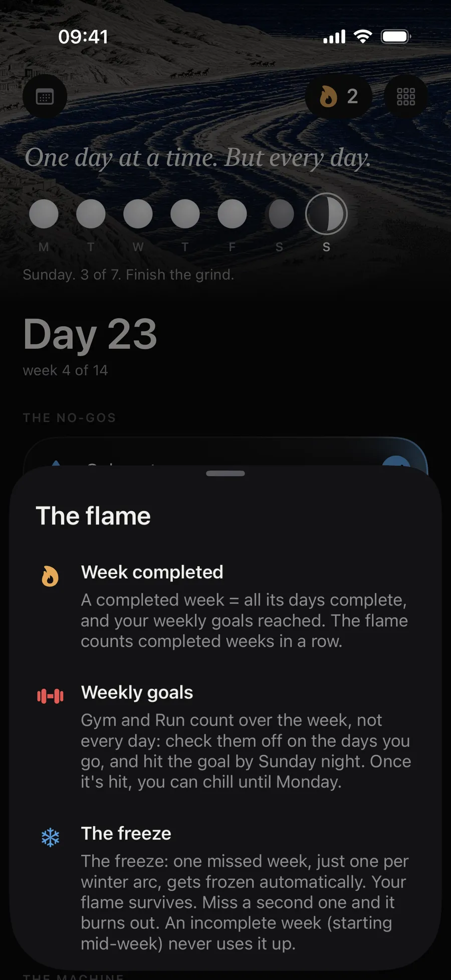 The flame sheet in Winterarc: week completed, weekly goals, the freeze that saves a single missed week per winter arc, and the water exception
