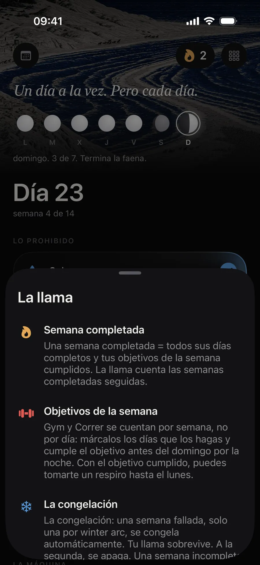 La ficha de la llama en Winterarc: la semana completada, los objetivos de la semana (gym y correr) y la congelación que salva una sola semana fallada por winter arc
