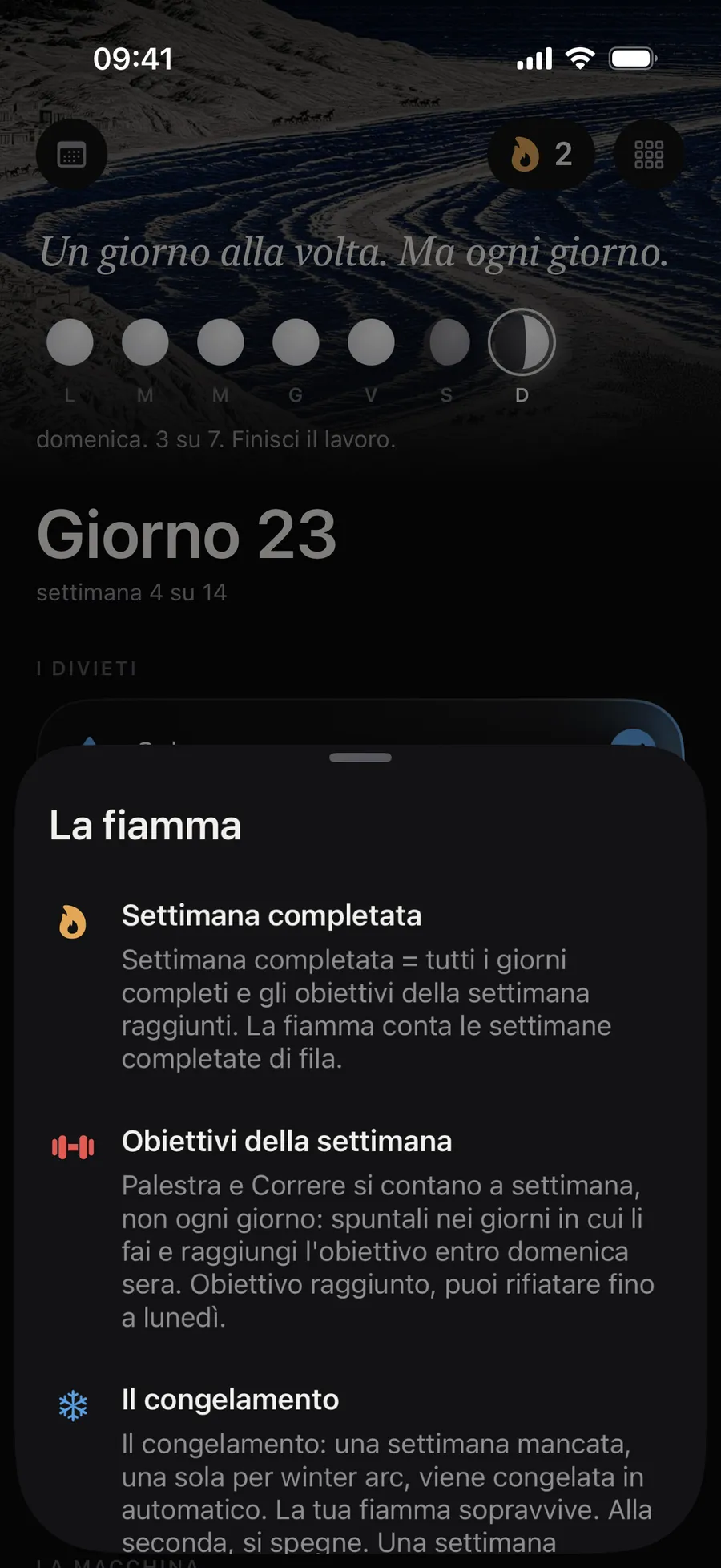 La scheda «La fiamma» di Winterarc, al giorno 23: la settimana completata, gli obiettivi della settimana (palestra e corsa) e il congelamento, che salva una sola settimana mancata per winter arc