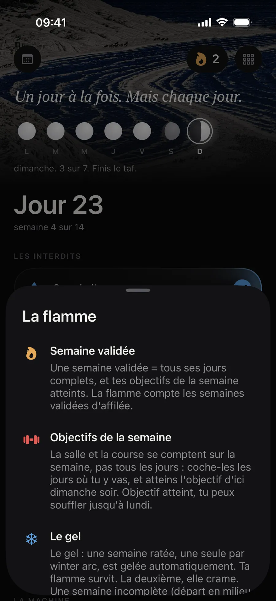 La fiche de la flamme dans Winterarc : la semaine validée, les objectifs de la semaine (salle et course) et le gel qui sauve une seule semaine ratée par winter arc