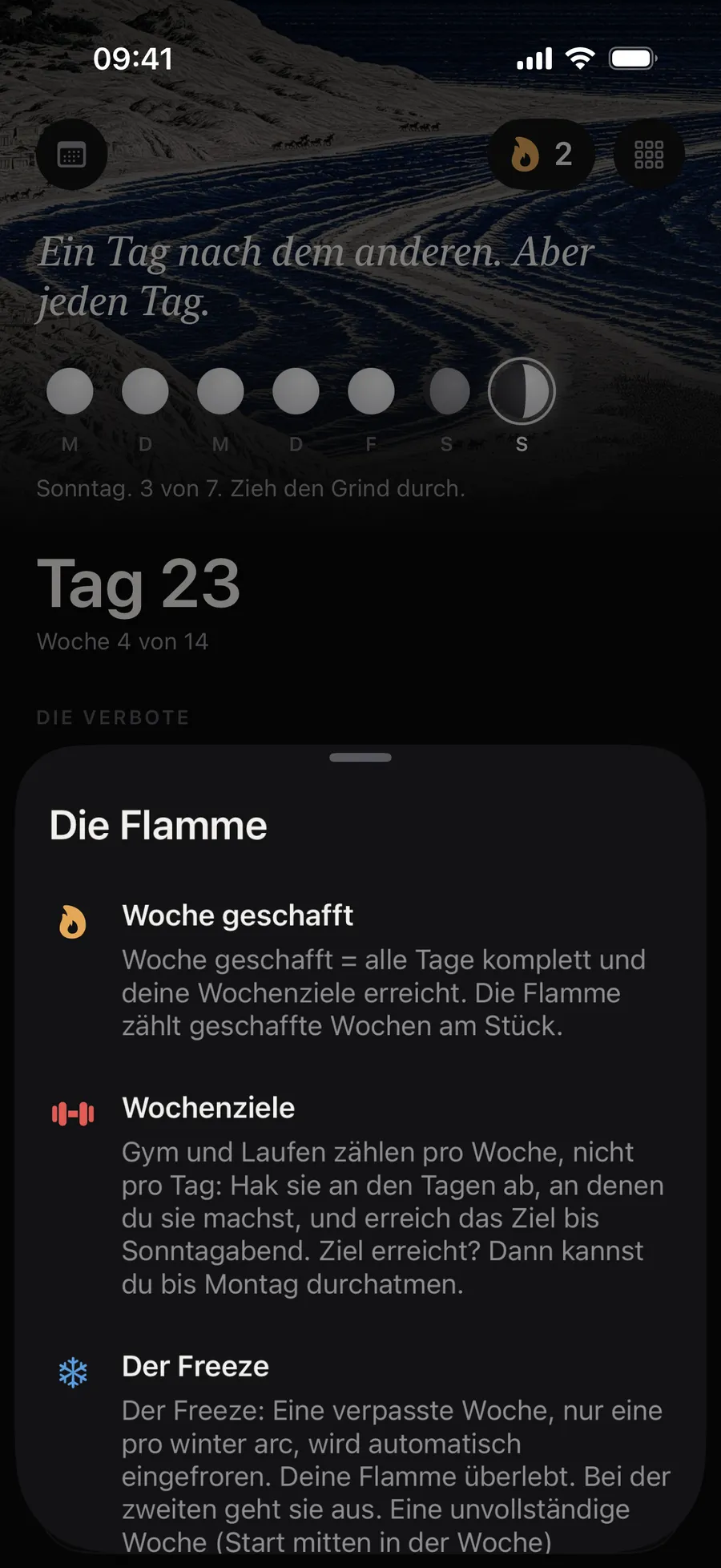 Die Flamme in Winterarc erklärt: „Woche geschafft“, die „Wochenziele“ für Gym und Laufen und „Der Freeze“, der eine einzige verpasste Woche pro winter arc rettet