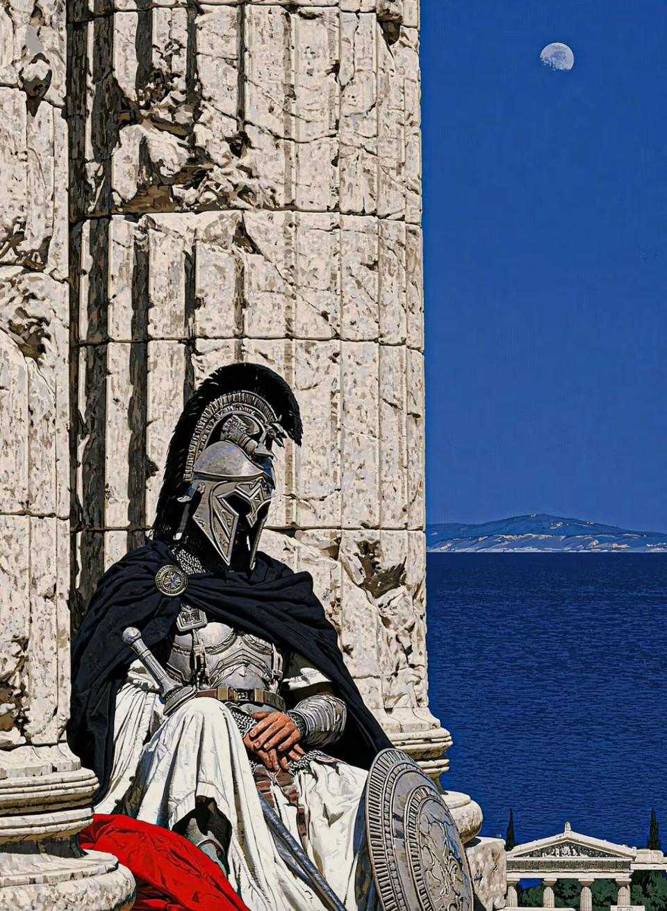 Guerrier spartiate assis contre une colonne de marbre, face à la mer
