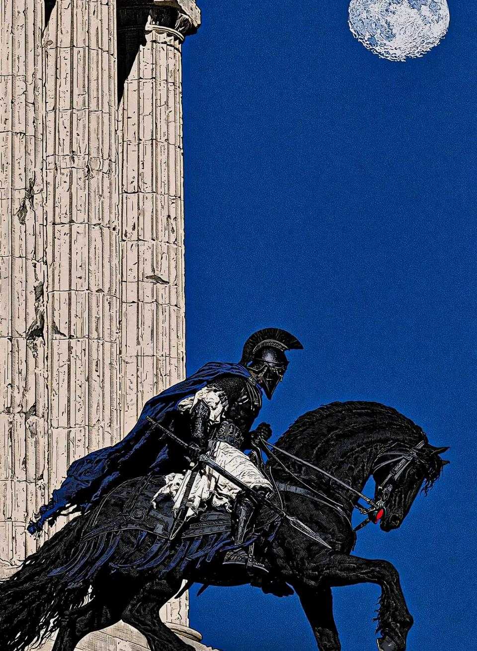 Cavalier en armure sur un cheval noir, entre des colonnes de marbre