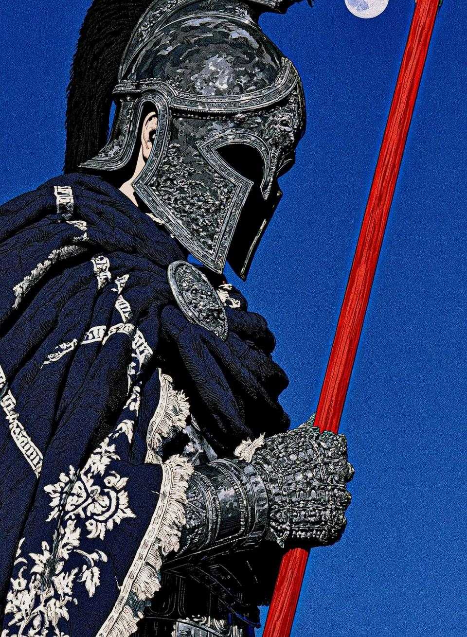Guerrier casqué en cape noire, une lance rouge à la main