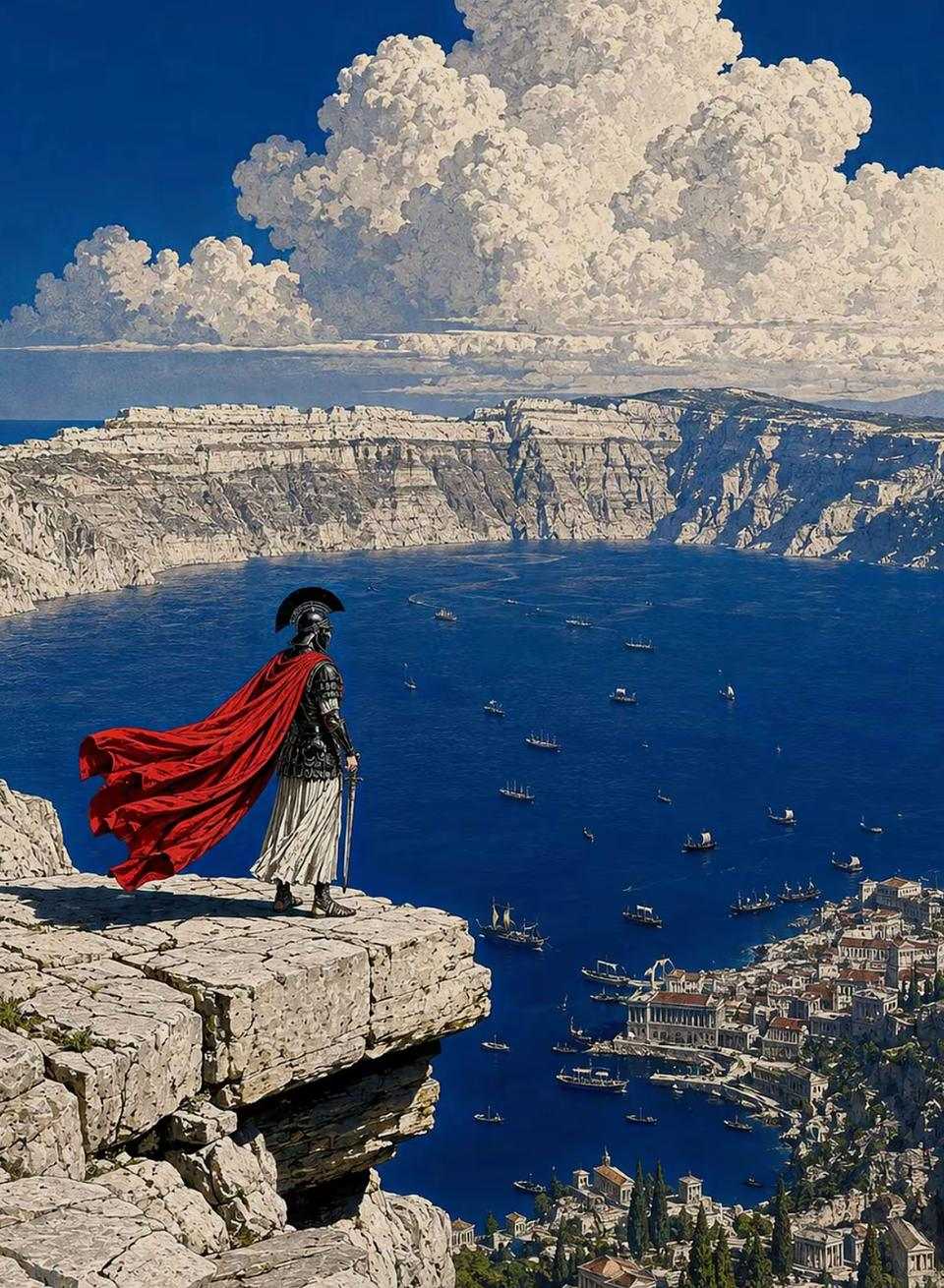 Guerrier à la cape rouge au bord d’une falaise, au-dessus d’une baie