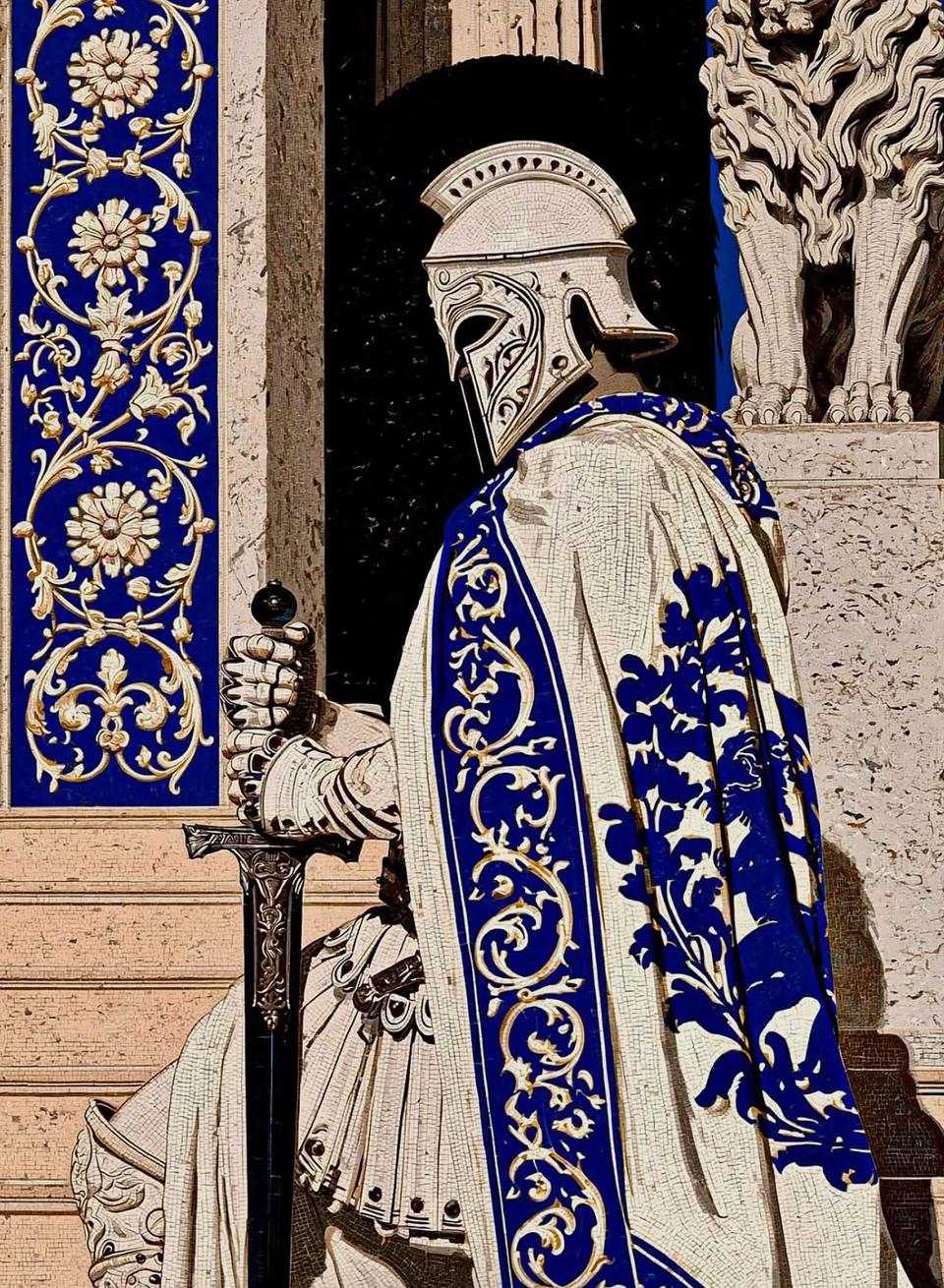 Chevalier en cape brodée bleue et blanche, l’épée à la main