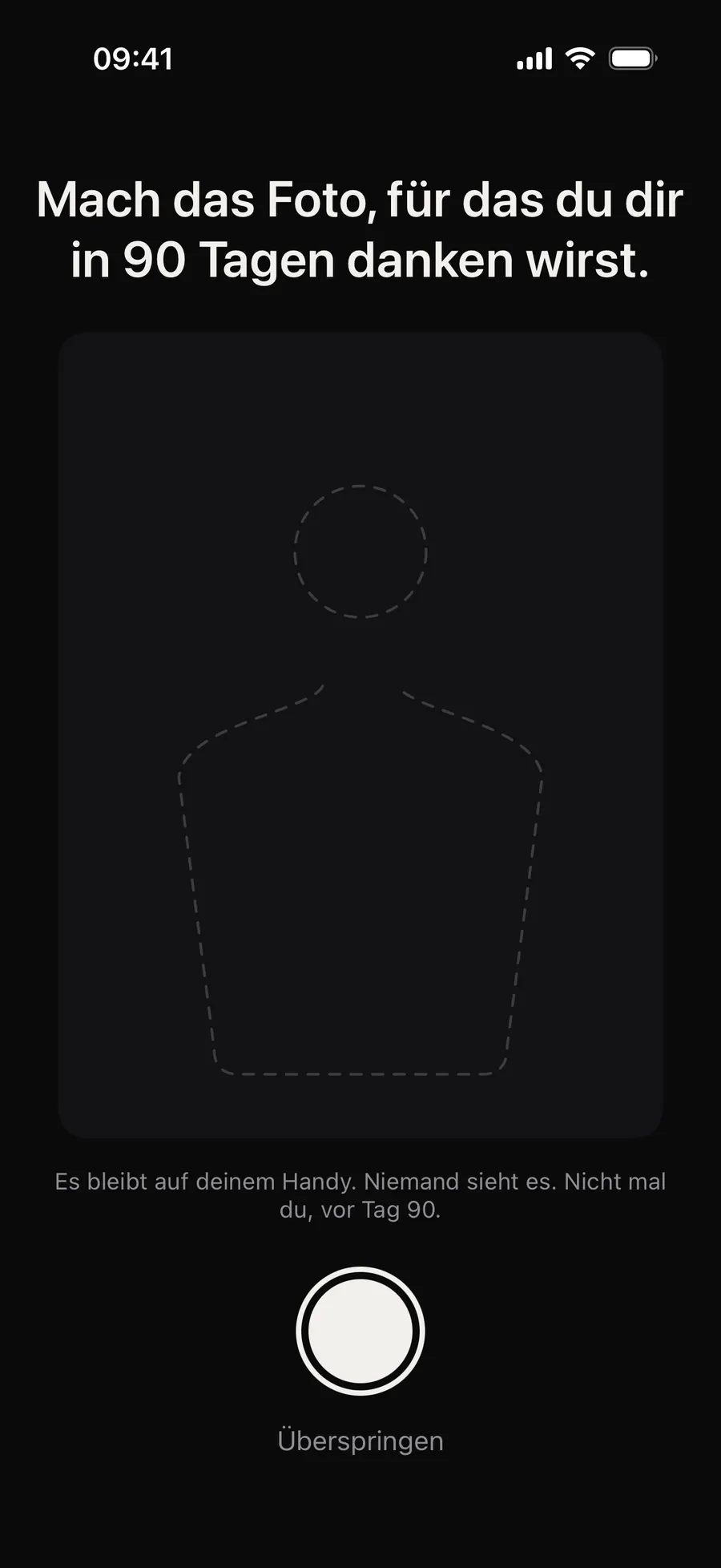Der Foto-Screen von Tag 1 in Winterarc: „Mach das Foto, für das du dir in 90 Tagen danken wirst.“ und darunter „Es bleibt auf deinem Handy. Niemand sieht es. Nicht mal du, vor Tag 90.“
