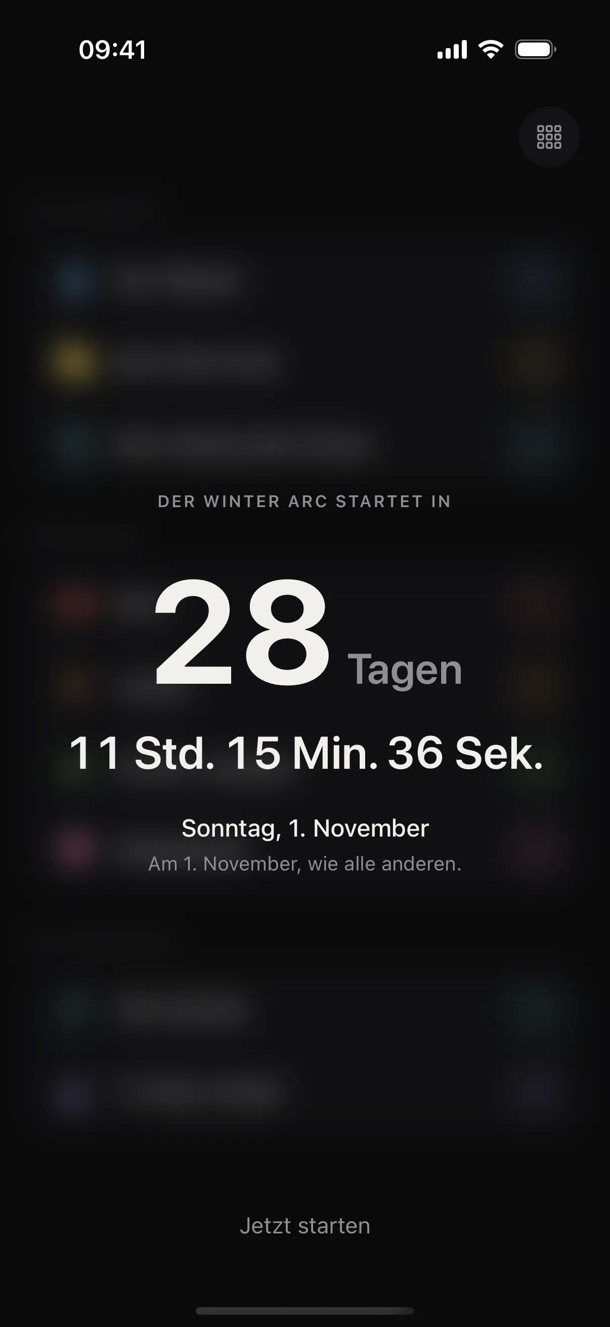 Startbildschirm der App vor dem Start: „Der winter arc startet in 28 Tagen“, der Countdown bis Sonntag, 1. November, und der Satz „Am 1. November, wie alle anderen.“