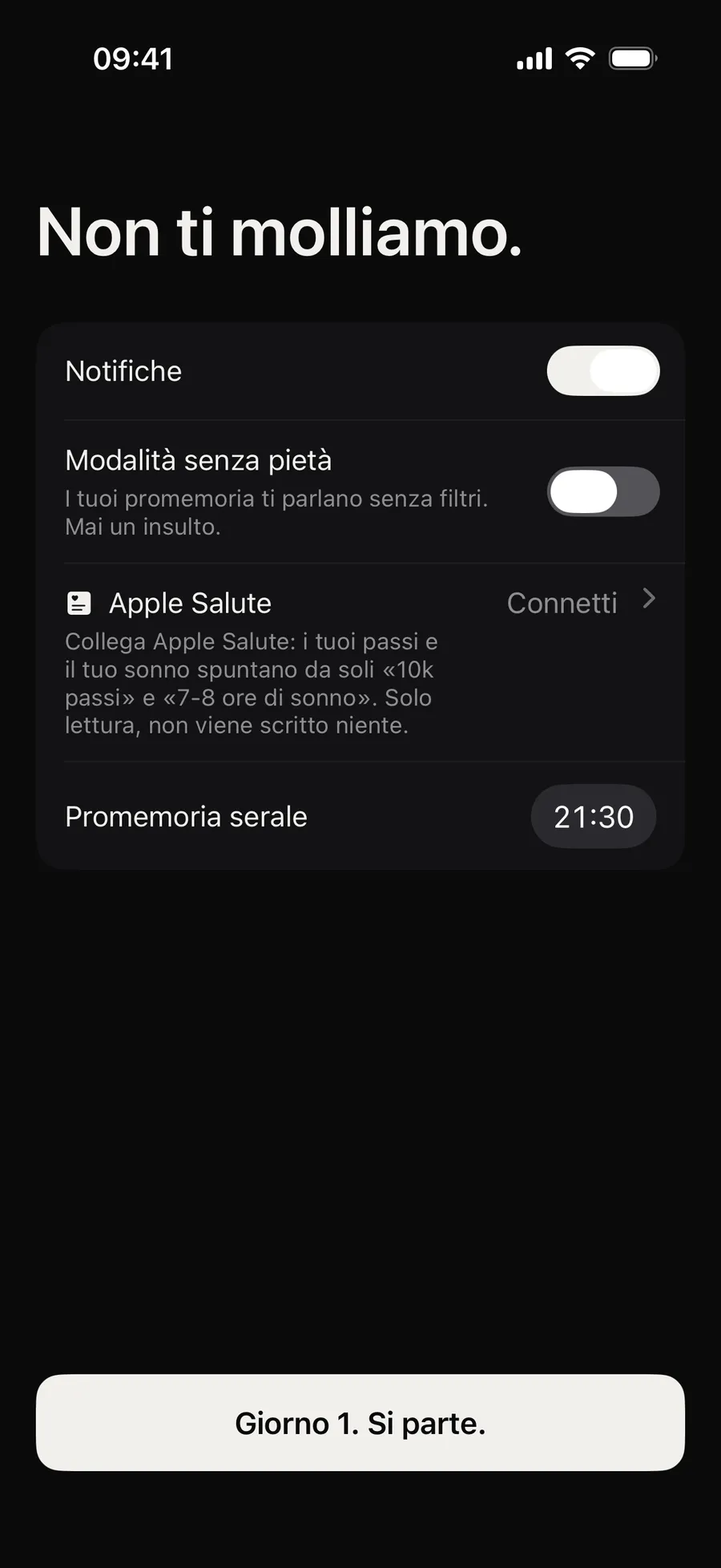 La configurazione di Winterarc al primo avvio: «Non ti molliamo.», notifiche attive, Apple Salute da collegare, promemoria serale alle 21:30 e il pulsante «Giorno 1. Si parte.»