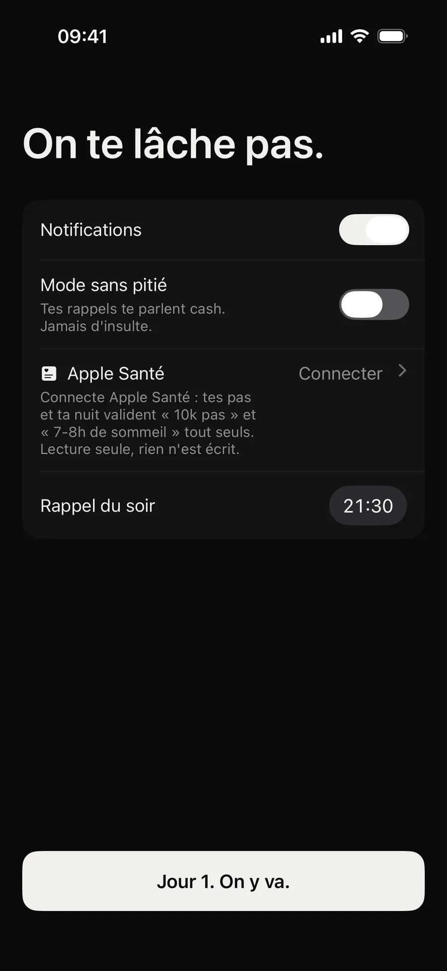 Les réglages de Winterarc à l’installation : « On te lâche pas. », notifications activées, Apple Santé à connecter et rappel du soir à 21 h 30