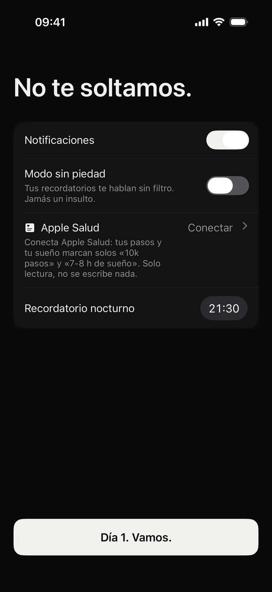 Los ajustes de Winterarc al instalarla: «No te soltamos.», notificaciones activadas, Apple Salud por conectar y recordatorio nocturno a las 21:30