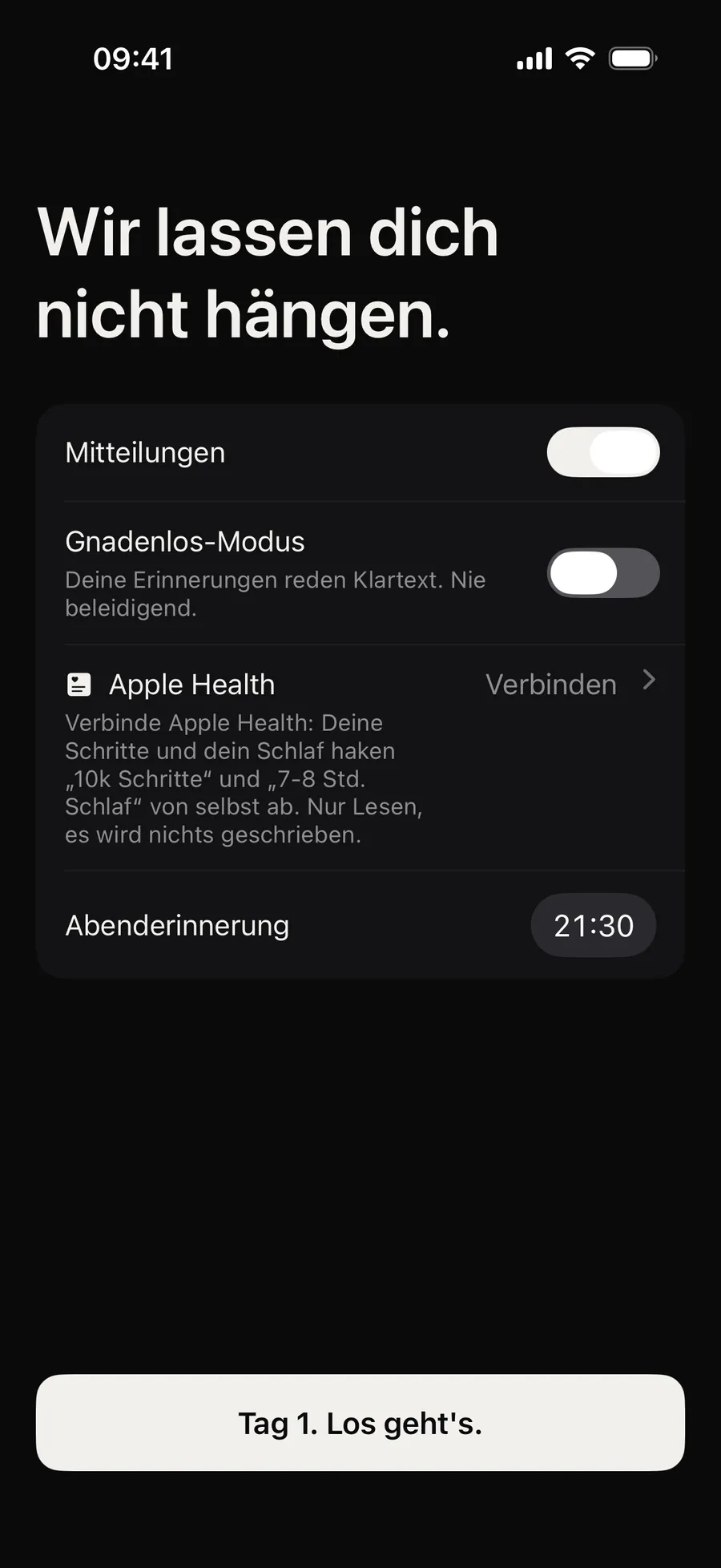 Die Erinnerungen beim Einrichten von Winterarc: „Wir lassen dich nicht hängen.“, Mitteilungen an, Apple Health zum Verbinden und die Abenderinnerung um 21:30 Uhr