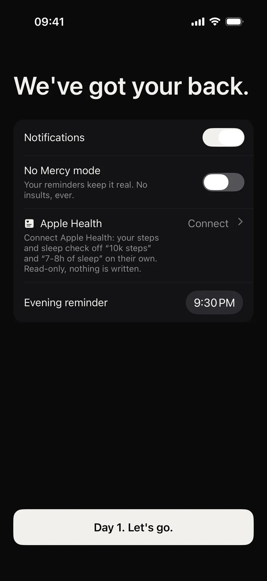 Winterarc’s setup screen: “We’ve got your back.”, notifications on, Apple Health to connect and the evening reminder at 9:30 p.m.