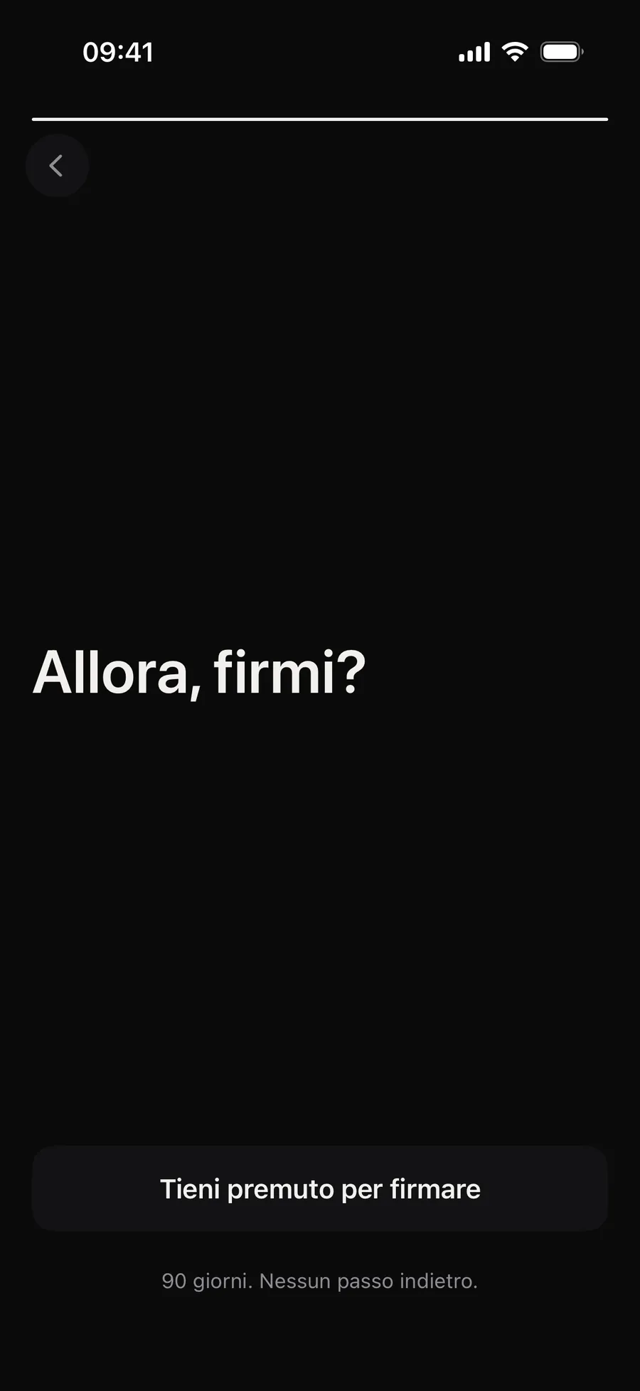 La schermata della firma di Winterarc: «Allora, firmi?», il pulsante «Tieni premuto per firmare» e la frase «90 giorni. Nessun passo indietro.»